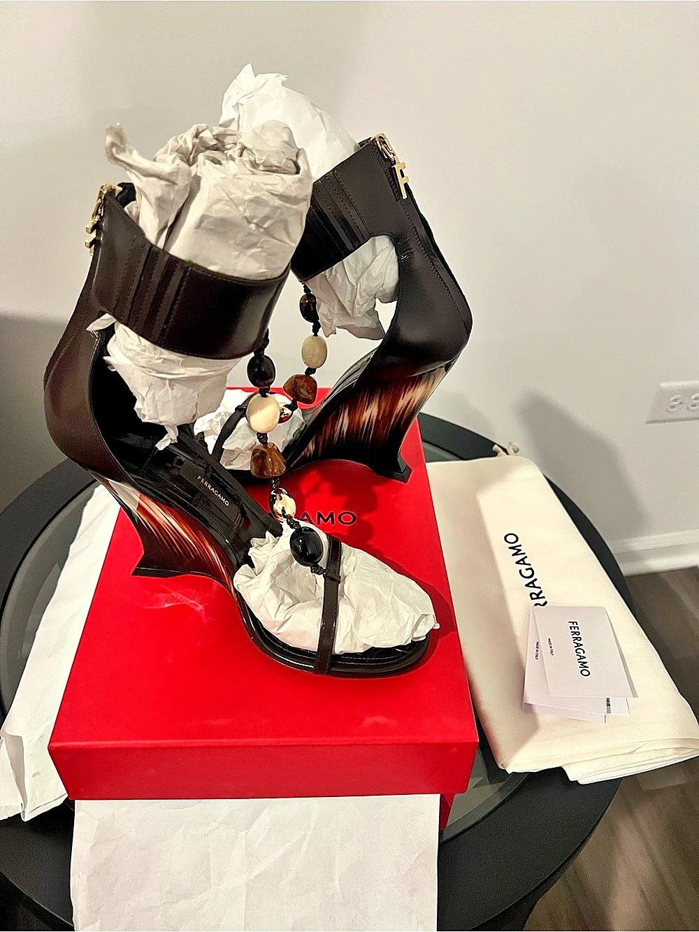 Ferragamo Brown Selene Stone
Beaded Wedge Sandals